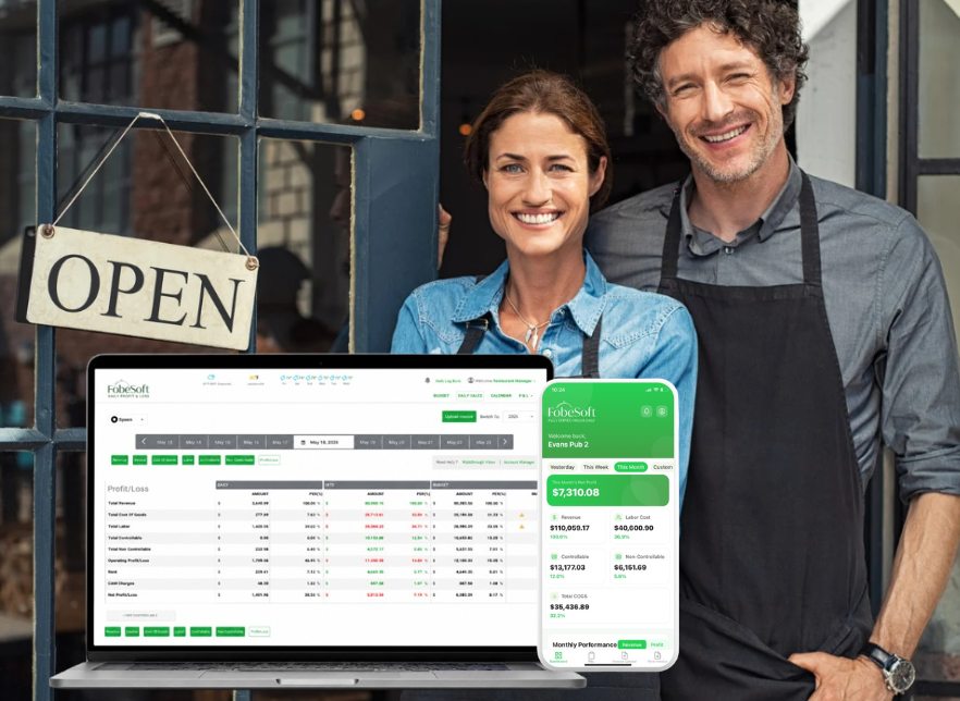Restaurant owner reviewing FobeSoft dashboard on laptop and phone